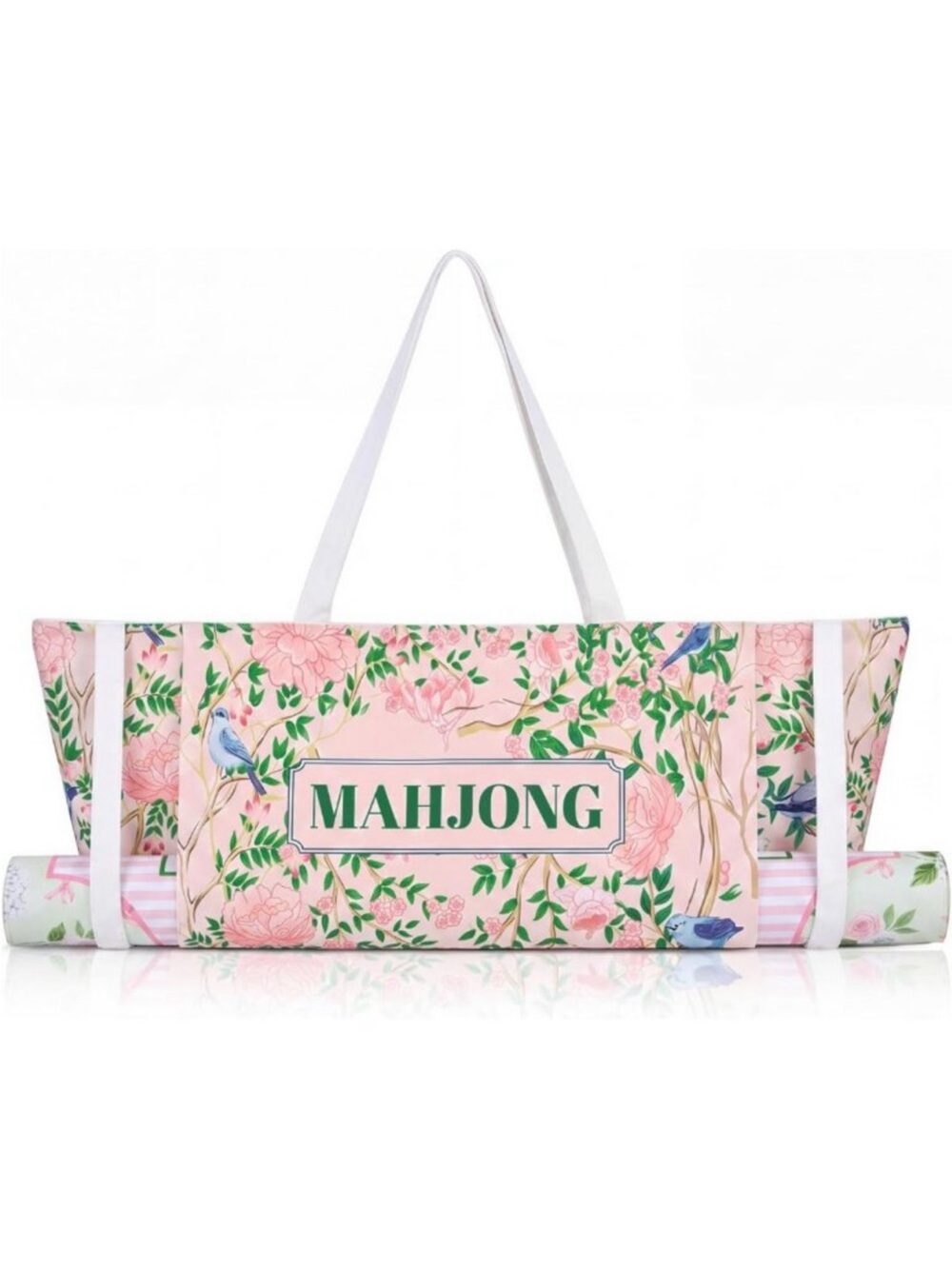 Pink Floral Mahjong Mat Tote Bag - 28x9'' Chinese Bird Design, Travel-Friendly